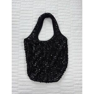 Black Sequin Hobo Shoulder Bag Sparkly Evening Slouchy Tote Purse Vintage Style